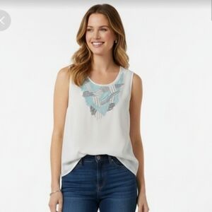 NIC+ZOE Women's Sleeveless White Abstract Embroidery Top XL